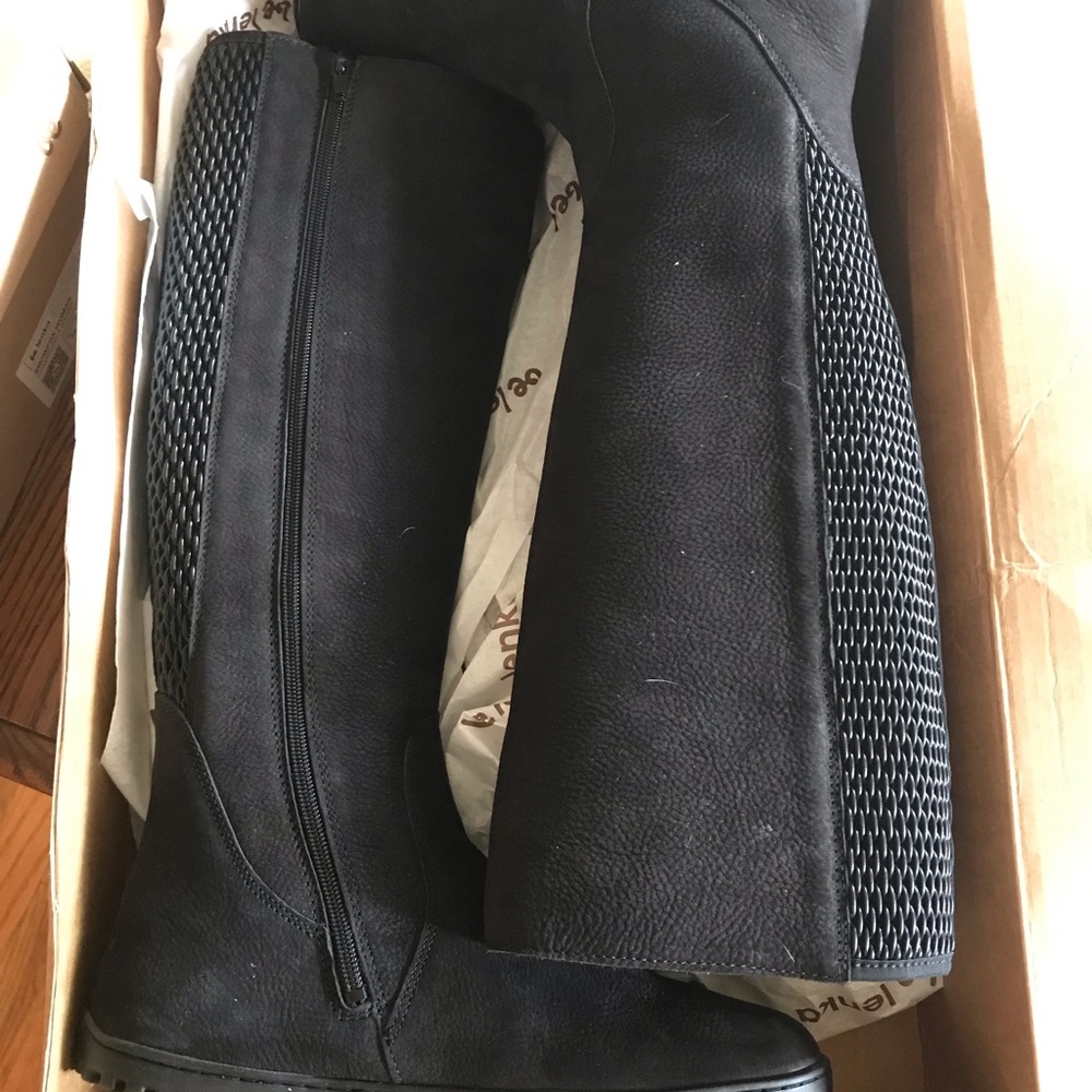 Be Lenka black leather barefoot boots.  Tall. Matte black with textured back.